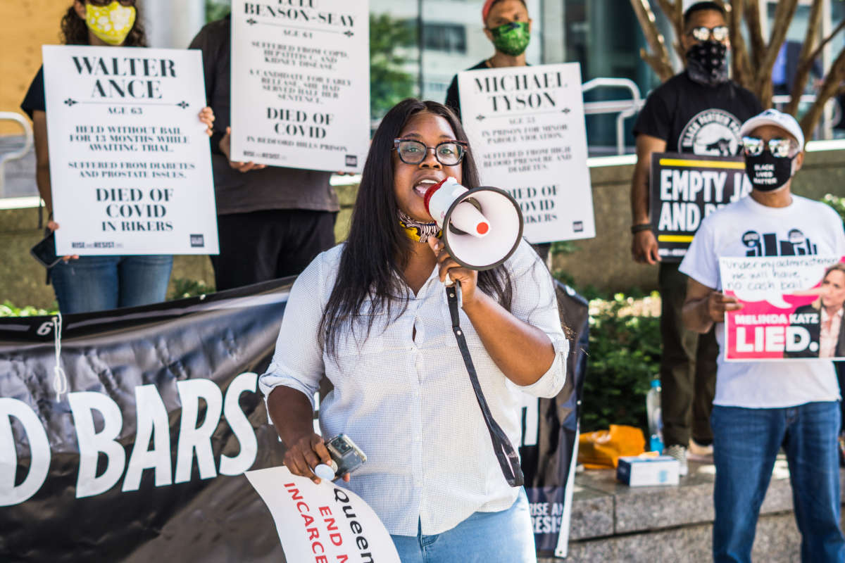 Queens residents, community group protest and demand that Queens District Attorney Melinda Katz takes immediate action to stop the spread of COVID-19 in jails and decarcerate during a protest in New York City on July 13, 2020.