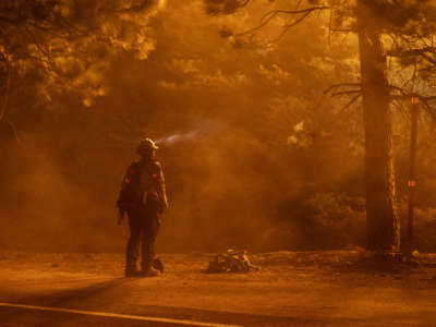 A firefighter keeps watch on flames that could jump the Angeles Crest Highway at the Bobcat Fire in the Angeles National Forest on September 11, 2020, north of Monrovia, California.