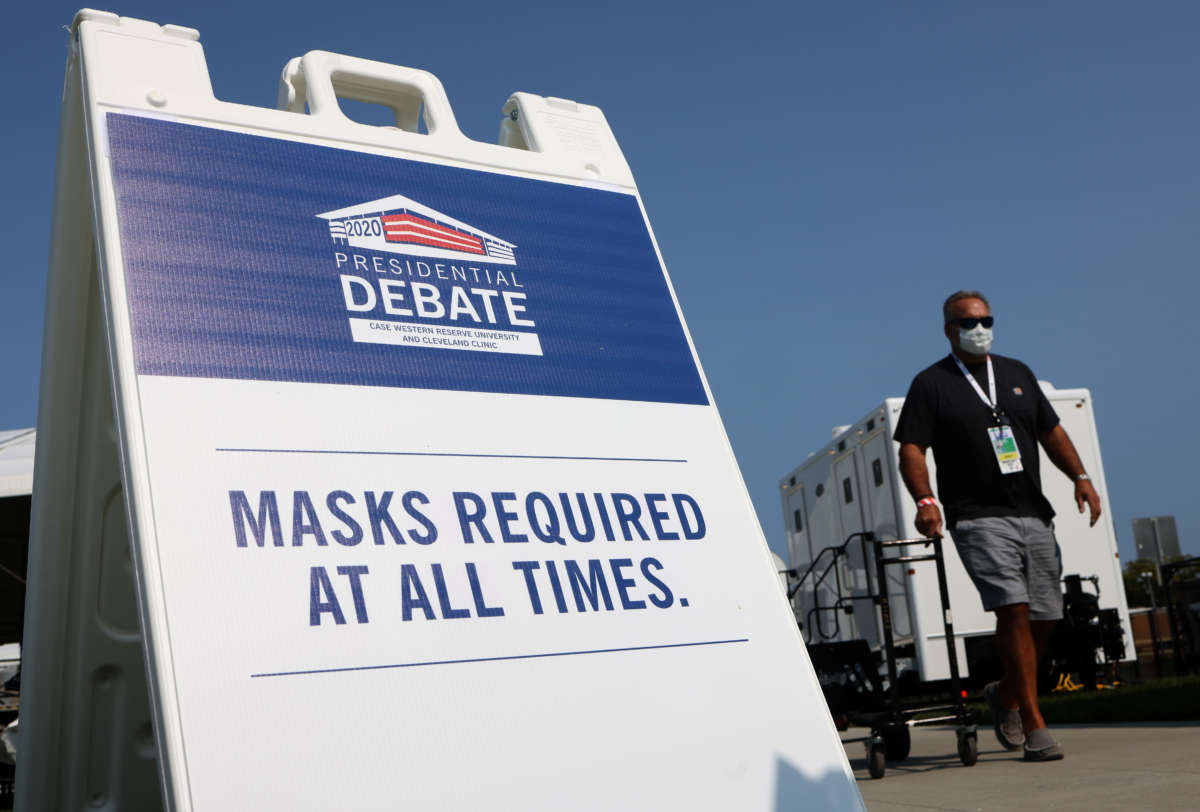 Workers prepare for the first presidential debate between President Donald Trump and Democratic presidential nominee Joe Biden at Case Western Reserve University on September 27, 2020, in Cleveland, Ohio.