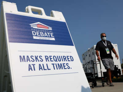 Workers prepare for the first presidential debate between President Donald Trump and Democratic presidential nominee Joe Biden at Case Western Reserve University on September 27, 2020, in Cleveland, Ohio.