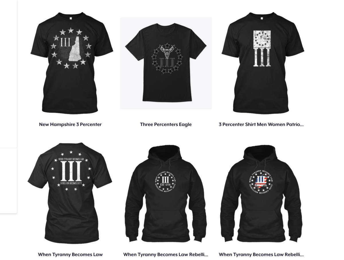 Screenshot of various Three Percenter t-shirts for sale on Teespring, taken on September 14, 2020.