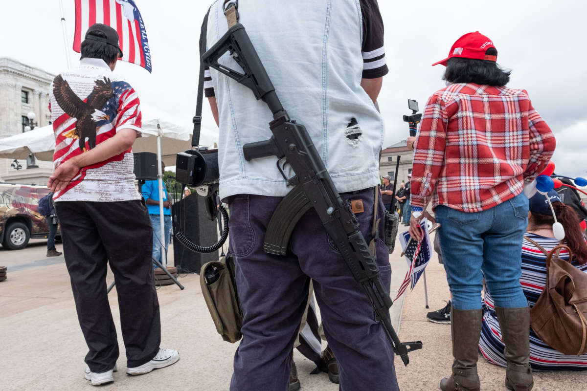 Rally-goers listen to conservative speakers in front of the Minnesota State Capital, September 12, 2020.