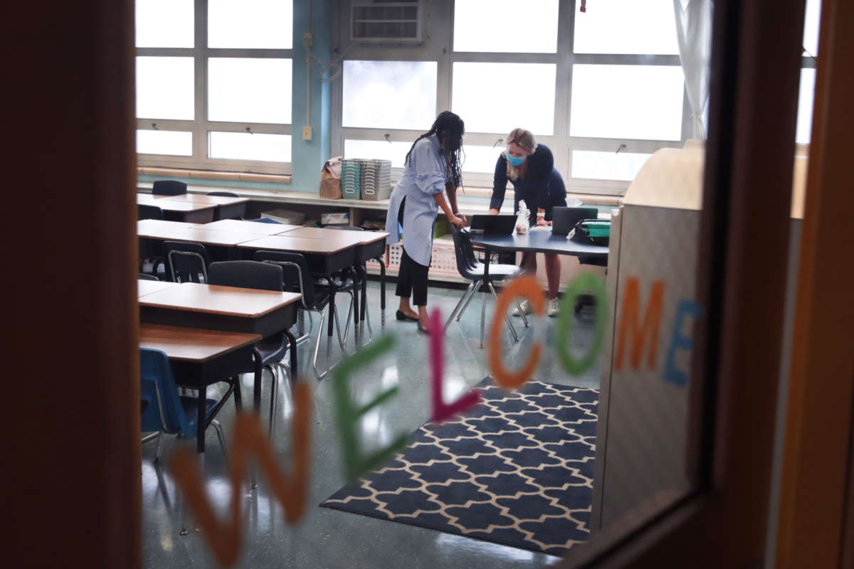 Teachers at King Elementary School prepare to teach their students remotely in empty classrooms during the first day of classes on September 8, 2020, in Chicago, Illinois.