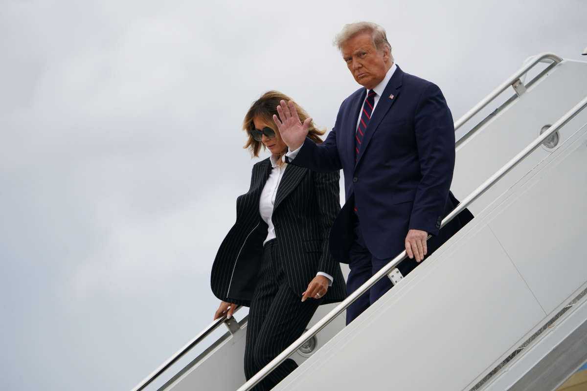 President Trump and First Lady Melania Trump step off Air Force One upon arrival at Cleveland Hopkins International Airport in Cleveland, Ohio, on September 29, 2020.