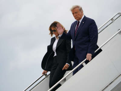 President Trump and First Lady Melania Trump step off Air Force One upon arrival at Cleveland Hopkins International Airport in Cleveland, Ohio, on September 29, 2020.