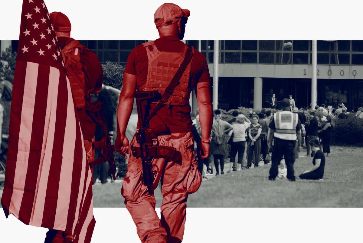 Armed protesters overlaid on image of voters in line at polling place