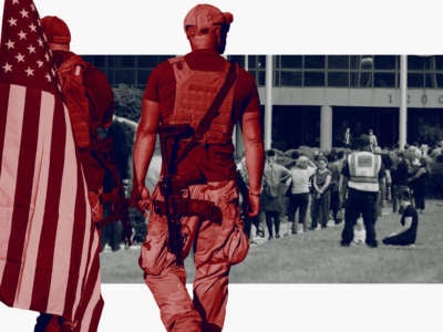 Armed protesters overlaid on image of voters in line at polling place
