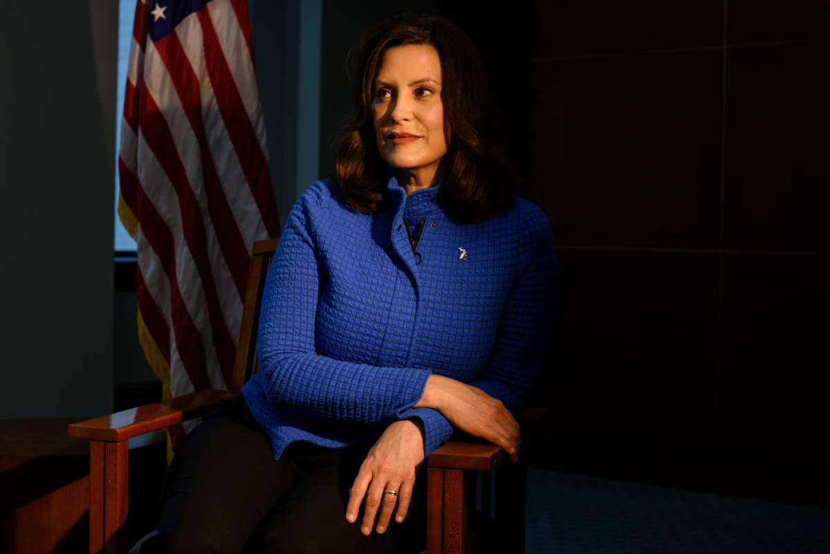 Michigan Gov. Gretchen Whitmer is seen at the Romney Building where her office is located in Lansing, Michigan, on May 18, 2020.