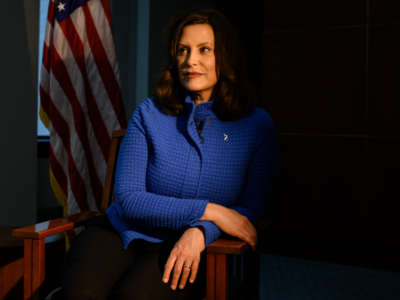 Michigan Gov. Gretchen Whitmer is seen at the Romney Building where her office is located in Lansing, Michigan, on May 18, 2020.