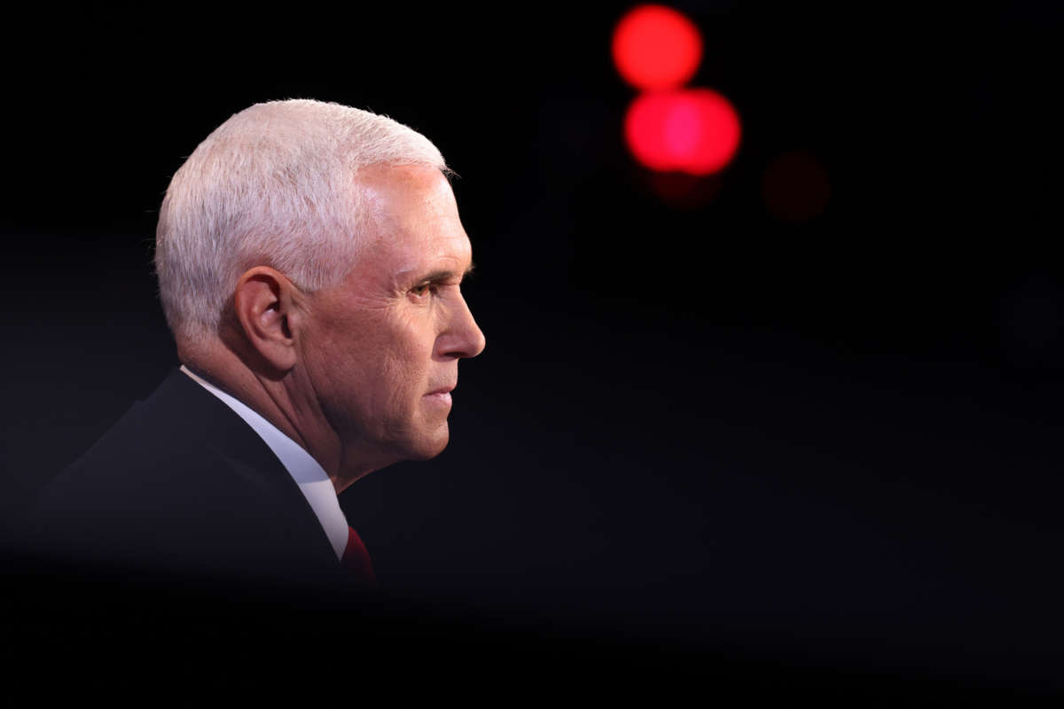 Vice President Mike Pence participates in the vice presidential debate against Democratic vice presidential nominee Sen. Kamala Harris at the University of Utah on October 7, 2020, in Salt Lake City, Utah.