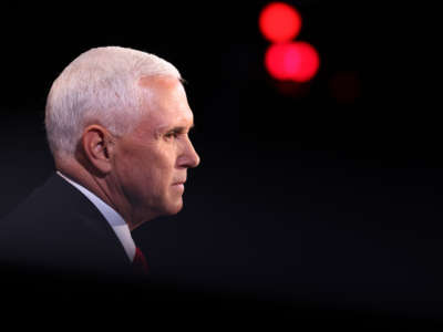 Vice President Mike Pence participates in the vice presidential debate against Democratic vice presidential nominee Sen. Kamala Harris at the University of Utah on October 7, 2020, in Salt Lake City, Utah.