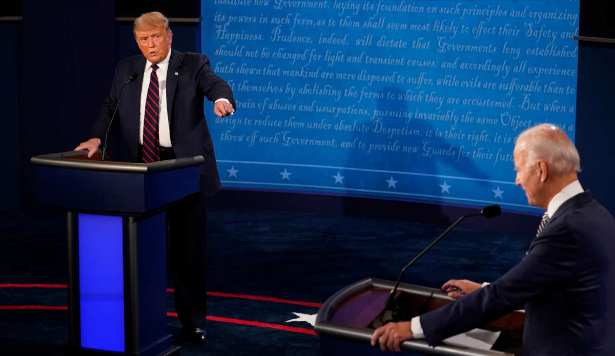 President Trump and former Vice President Joe Biden speak during the first presidential debate at the Health Education Campus of Case Western Reserve University on September 29, 2020, in Cleveland, Ohio.