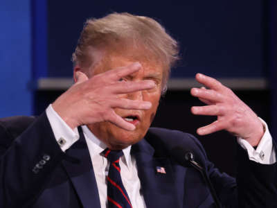 President Trump participates in the first presidential debate against Democratic presidential nominee Joe Biden at the Health Education Campus of Case Western Reserve University on September 29, 2020, in Cleveland, Ohio.