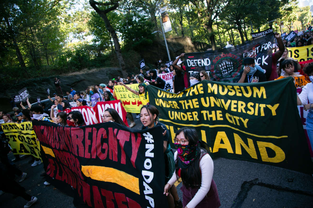 People take part in the Indigenous Peoples' Day in New York, United States, on October 14, 2019.