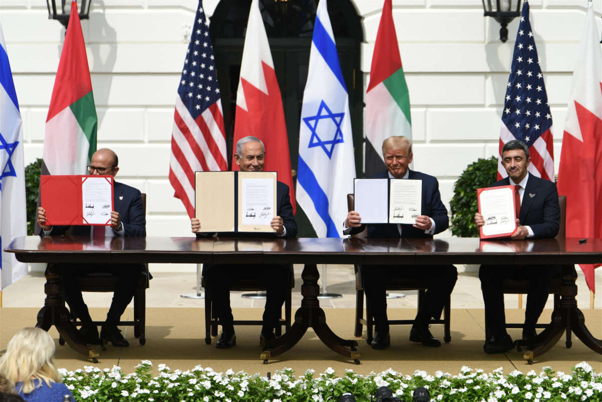 From left: Foreign Affairs Minister of Bahrain Abdullatif bin Rashid Al Zayani, Prime Minister of Israel Benjamin Netanyahu, President Trump and Foreign Affairs Minister of the United Arab Emirates Abdullah bin Zayed Al Nahyan attend the signing ceremony of the Abraham Accords at the White House on September 15, 2020, in Washington, D.C.