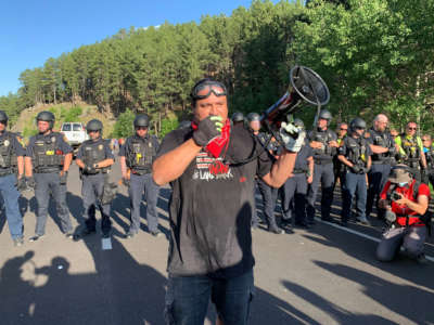 Native American protesters and supporters gather at the Black Hills, now the site of Mount Rushmore, on July 3, 2020, in Keystone, South Dakota.