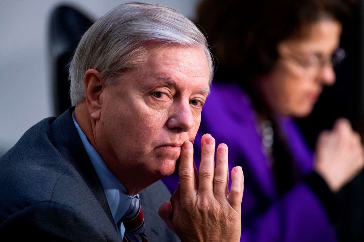 Chairman Lindsey Graham attends the Senate Judiciary Committee executive business meeting on Supreme Court justice nominee Amy Coney Barrett in the Hart Senate Office Building on October 15, 2020, in Washington, D.C.