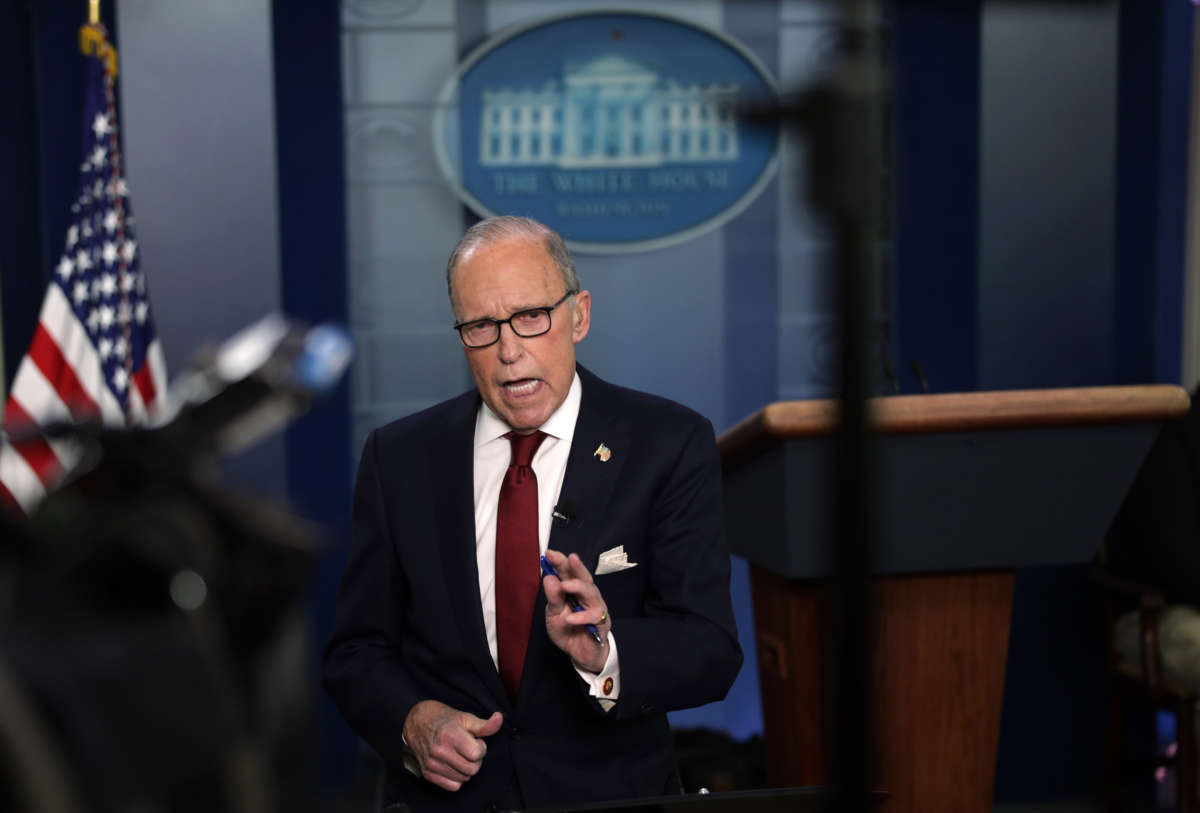 Director of the National Economic Council Larry Kudlow participates in a TV interview at the James Brady Press Briefing Room at the White House, February 28, 2020, in Washington, D.C.