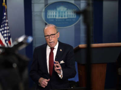 Director of the National Economic Council Larry Kudlow participates in a TV interview at the James Brady Press Briefing Room at the White House, February 28, 2020, in Washington, D.C.