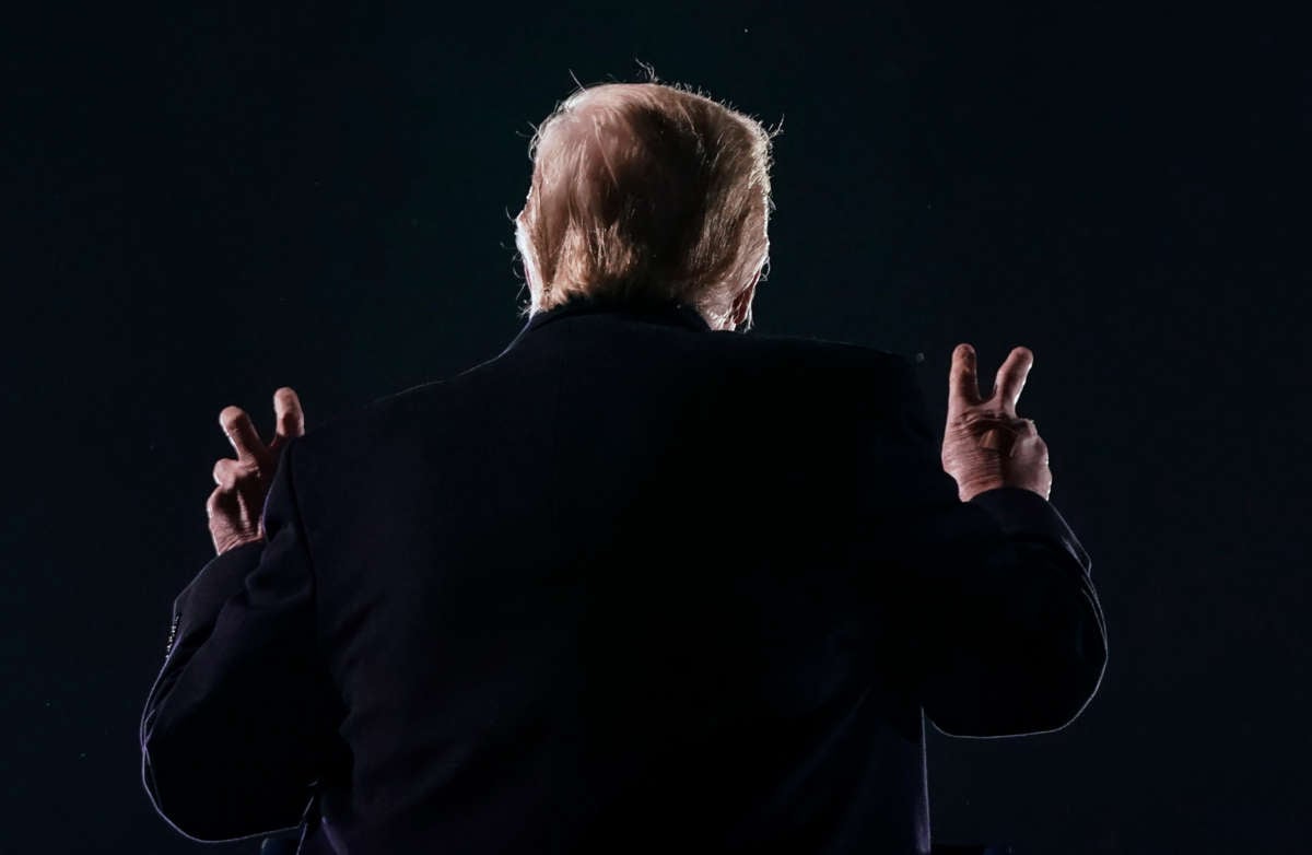 President Trump gestures as he speaks during a campaign event at Des Moines International Airport in Des Moines, Iowa, on October 14, 2020.