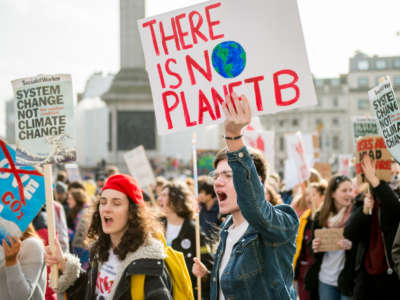 A youth displays a sign reading "THERE IS NO PLANET B" during an ourdoor, pre-covid protest