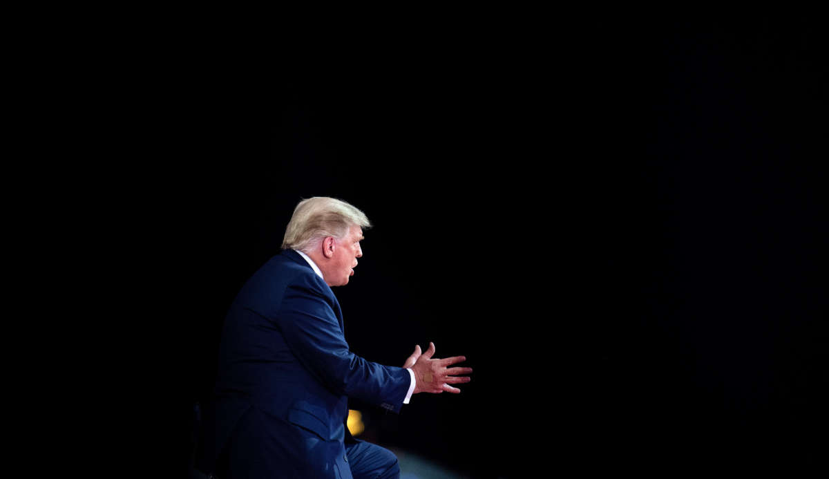 President Trump gestures as he speaks during an NBC News town hall event at the Perez Art Museum in Miami on October 15, 2020.