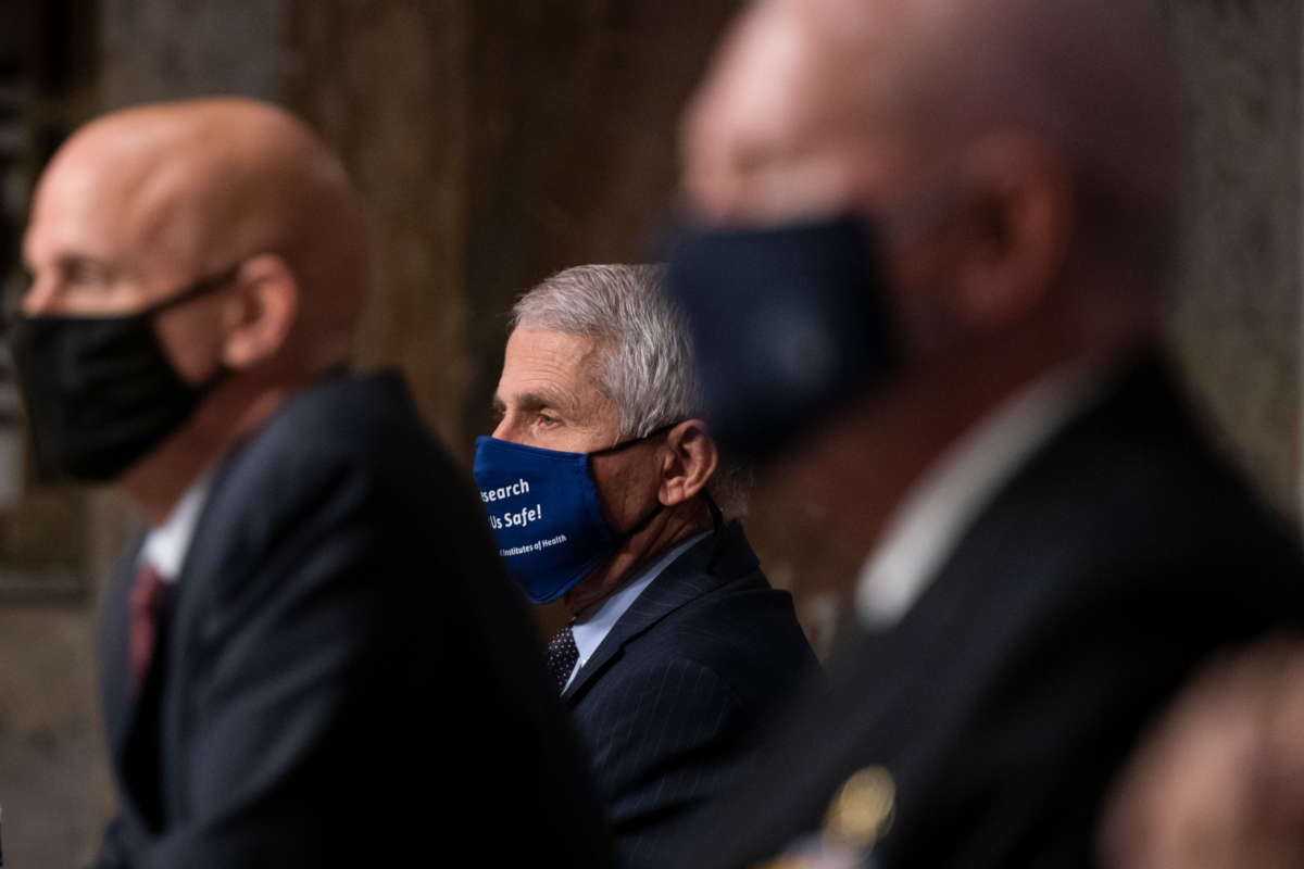 Dr. Anthony Fauci, director of the National Institute of Allergy and Infectious Diseases, listens to questioning at a hearing of the Senate Health, Education, Labor and Pensions Committee on September 23, 2020, in Washington, D.C.