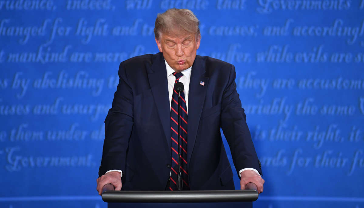 President Trump reacts during the first presidential debate at Case Western Reserve University and Cleveland Clinic in Cleveland, Ohio, on September 29, 2020.