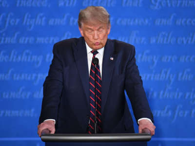 President Trump reacts during the first presidential debate at Case Western Reserve University and Cleveland Clinic in Cleveland, Ohio, on September 29, 2020.