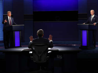 President Trump and Democratic presidential nominee Joe Biden participate in the first presidential debate moderated by Fox News anchor Chris Wallace at the Health Education Campus of Case Western Reserve University on September 29, 2020, in Cleveland, Ohio.