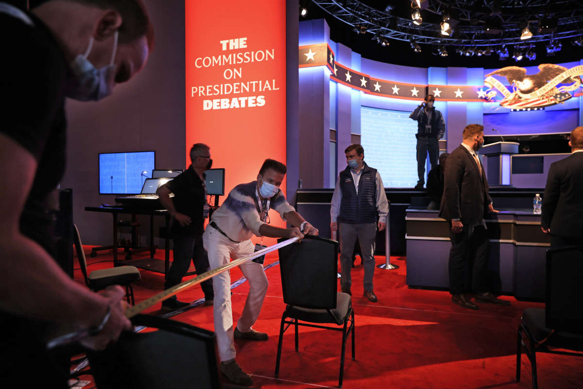 Audience seating is spaced six feet apart to reduce the risk posed by the coronavirus as crews prepare for the second presidential debate at the Curb Event Center on the campus of Belmont University, on October 21, 2020, in Nashville, Tennessee.