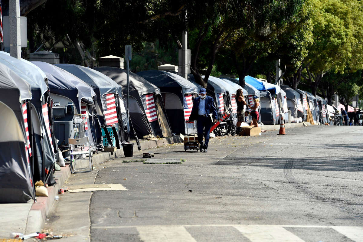 Tents belonging to homeless veterans stand at the VA West Los Angeles Healthcare Campus Japanese Garden on September 24, 2020, in Los Angeles, California.