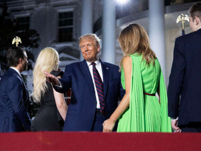 President Trump stands on stage with his family after delivering his acceptance speech for the Republican presidential nomination on the South Lawn of the White House, August 27, 2020, in Washington, D.C.