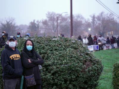 A long line of voters waits outside in cold weather gear