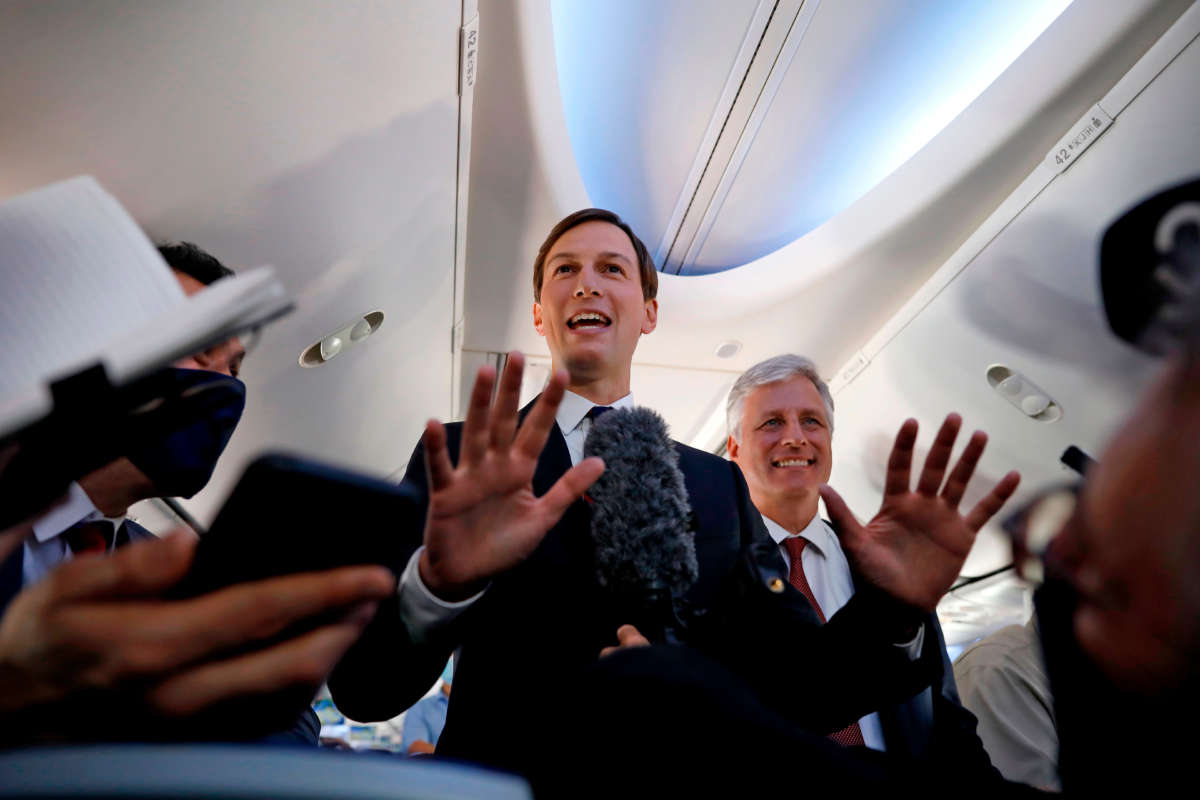 Presidential Adviser Jared Kushner and National Security Adviser Robert OBrien talk to the media in a El Al airplane upon landing on the tarmac on August 31, 2020, at the Abu Dhabi airport.