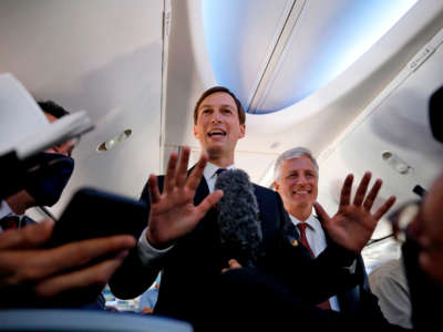 Presidential Adviser Jared Kushner and National Security Adviser Robert OBrien talk to the media in a El Al airplane upon landing on the tarmac on August 31, 2020, at the Abu Dhabi airport.