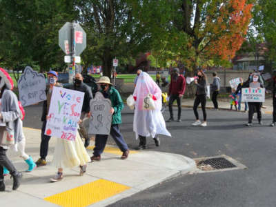 A parade marches in support of Measure 26-214, demanding tuition-free preschool.