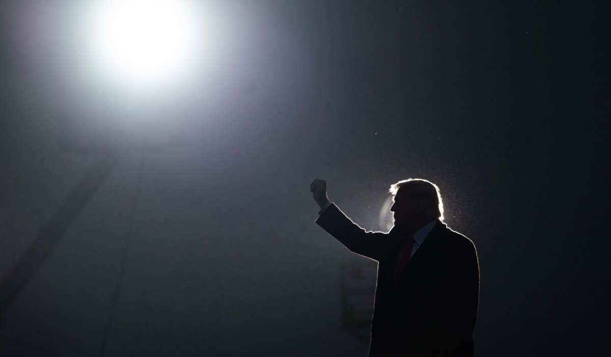 President Trump pumps his fist after speaking at a campaign rally at Altoona-Blair County Airport in Martinsburg, Pennsylvania, October 26, 2020.