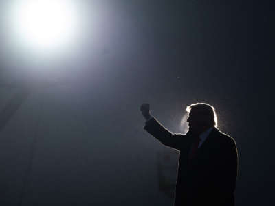 President Trump pumps his fist after speaking at a campaign rally at Altoona-Blair County Airport in Martinsburg, Pennsylvania, October 26, 2020.