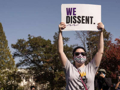 Protester holds a sign reading "WE DISSENT"