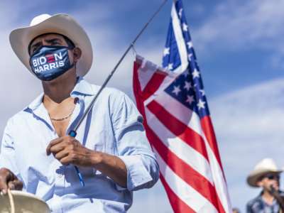 A man in a Biden/Harris mask gazes handsomely forward while holding a u.s. flag