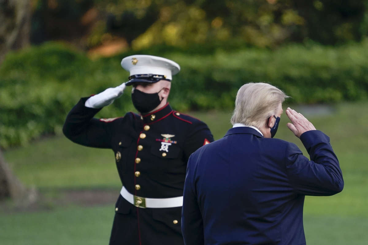 Donald Trump salutes as he prepares to board Marine One for Walter Reed National Military Medical Center on the South Lawn of the White House on October 2, 2020, in Washington, D.C.