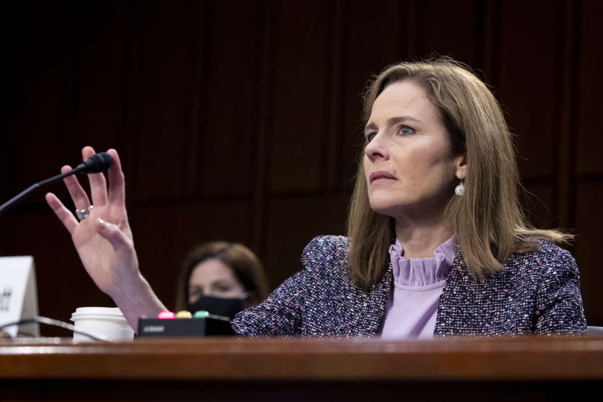 Supreme Court nominee Judge Amy Coney Barrett testifies before the Senate Judiciary Committee on the third day of her Supreme Court confirmation hearing on Capitol Hill on October 14, 2020, in Washington, D.C.