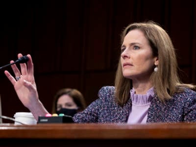 Supreme Court nominee Judge Amy Coney Barrett testifies before the Senate Judiciary Committee on the third day of her Supreme Court confirmation hearing on Capitol Hill on October 14, 2020, in Washington, D.C.