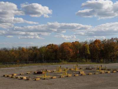 A view of the Mad Dog 2020 fracking site in West Pike Run, east of Beallsville, Pennsylvania, where some residents of the country's most heavily fracked region have soured on an industry that had promised economic revival, on October 22, 2020.