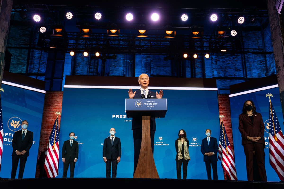President-elect Joe Biden introduces his cabinet member nominees at the Queen in Wilmington, Delaware, on November 24, 2020.