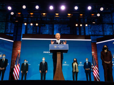 President-elect Joe Biden introduces his cabinet member nominees at the Queen in Wilmington, Delaware, on November 24, 2020.