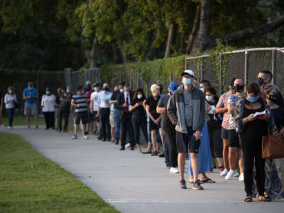 a line of voters waits beside a chainlink fence to vote