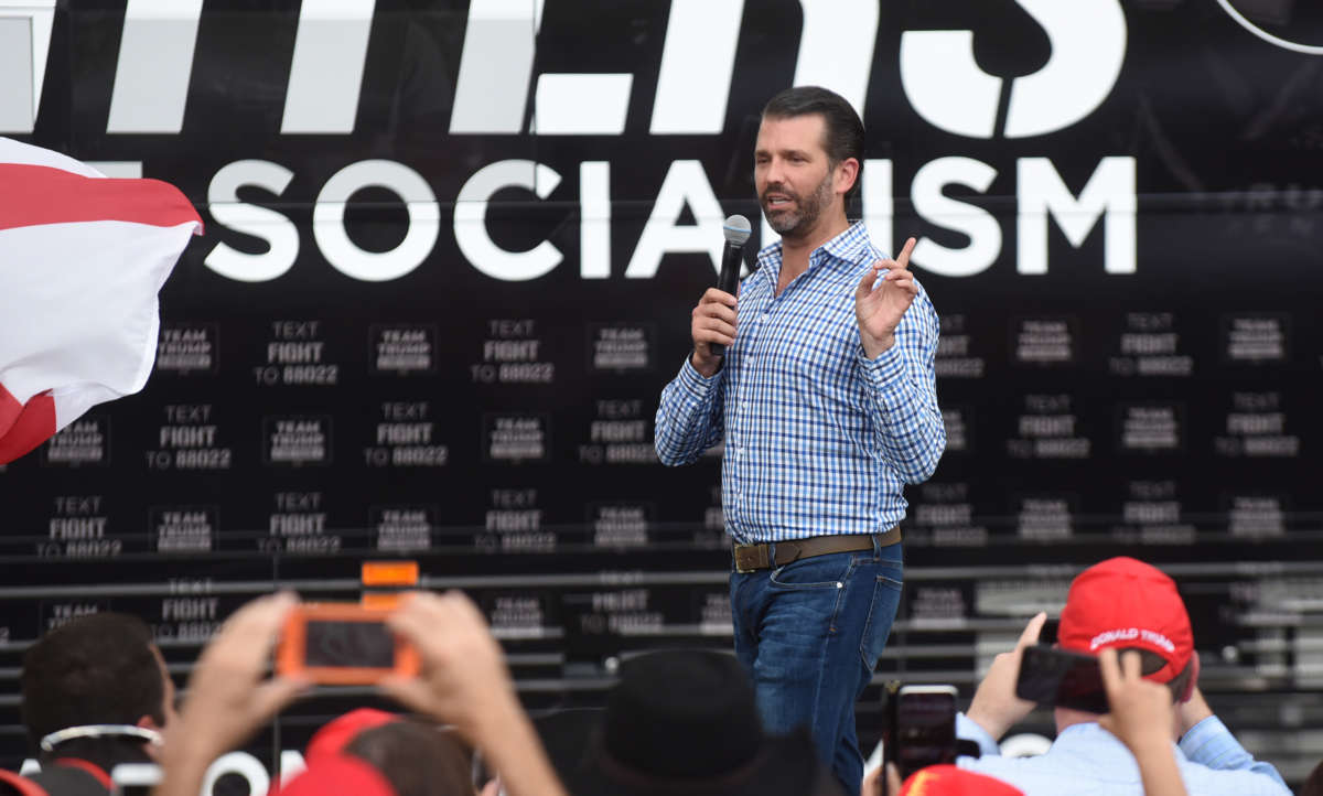 Donald Trump Jr. speaks at a rally in support of his father, President Trump, in Orlando, Florida, on October 11, 2020.