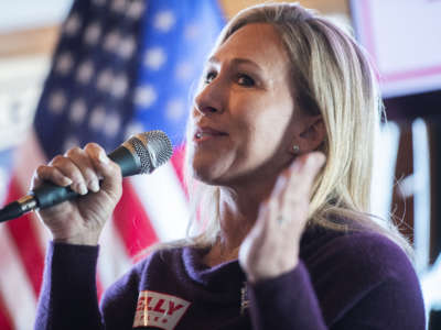 Marjorie Taylor Greene, Republican nominee for Georgia's 14th Congressional District, speaks during a campaign event with Sen. Kelly Loeffler.